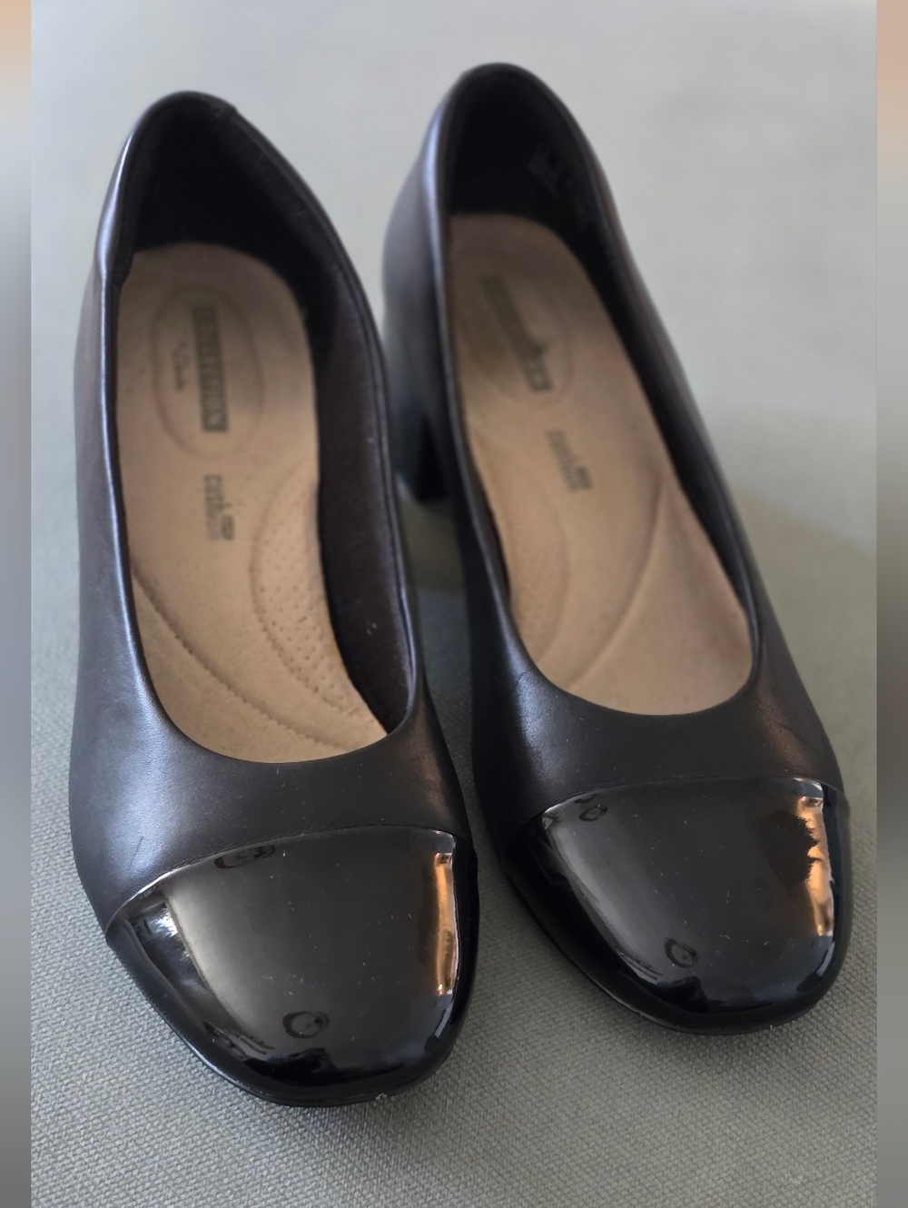 Clarks Black Leather Flats with Shiny Patent Cap